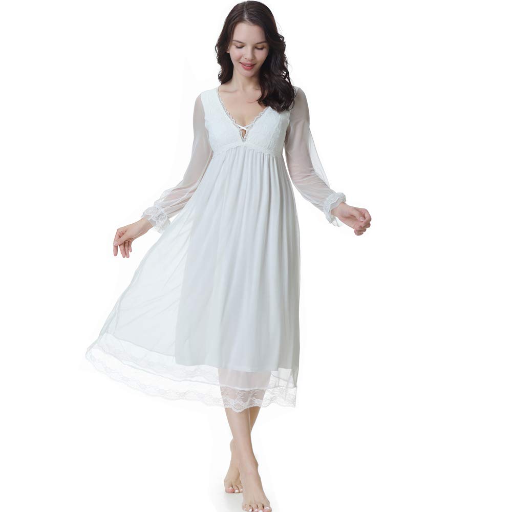 Flwydran Women's White Victorian Nightgown Long Sheer Vintage Nightdress Lace V Neck Lounge Sleepwear Built In Bra Mesh Nightdress