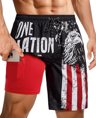 Gleeease Mens Board Shorts Swim Shorts Men 9 Inch with Compression Liner Pockets Drawstring Quick Dry Stretch Lined 2-in-1 American Flag Beach Swimming Pool Surf Eagle-2 Medium