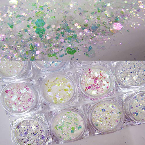 Luckforever 12 Colors Mermaid Iridescent Chunky Glitter Hexagon Fine Glitters Sequins Flakes & Powder Pigment For Epoxy Resin Makeup Body Crafts Nail Art Designs #TOP3