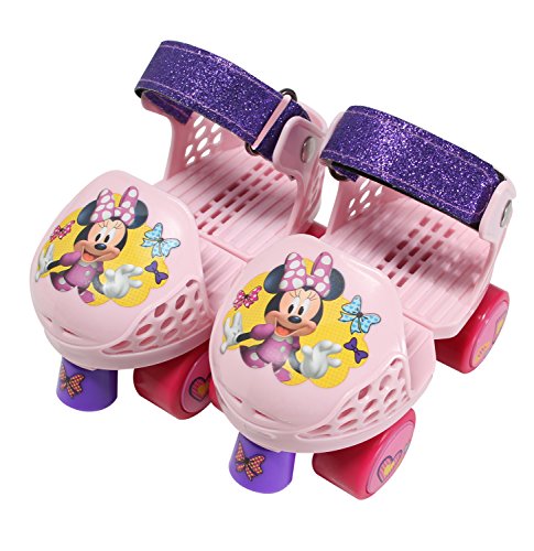 PlayWheels Minnie Mouse Kids Glitter Roller Skates with Knee Pads - Childrens Adjustable Skates - Junior Size 6-12