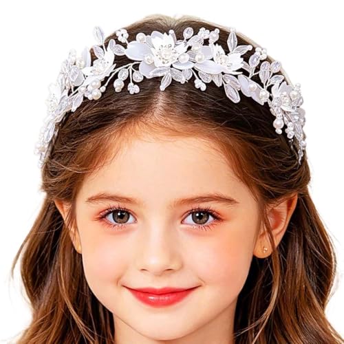 IYOU Niña Flores Diadema Blanco Florales Comunión Tocado Perla Cristal Piezas para el pelo Novia Boda Accesorios para el Pelo para Princesa Niñas