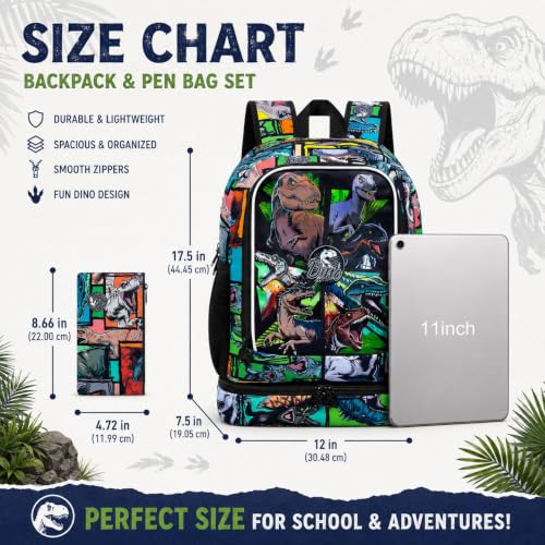Image of WZLVO 2-In-1 Boys Dinosaur Backpack Set, 17 inch Cool UV Printing Kids Bookbag /School Bag with Built-in Lunch Compartment & Pencil Bag for Preschool to Elementary - Dinosaur Khaki