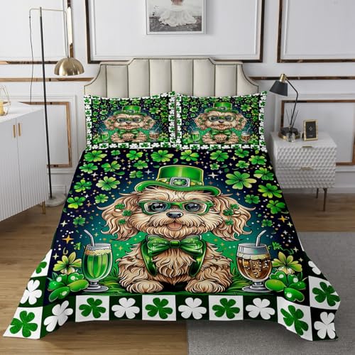 Manfei St. Patrick's Day Kids Bedspread Queen Size,Cartoon Puppy Dog Animal Pet Coverlet Set,Boys Girls Room Decor,Four Leaf Clover Geometric Grids Quilted Coverlet,Green Bedding Quilt,2 Pillowcases