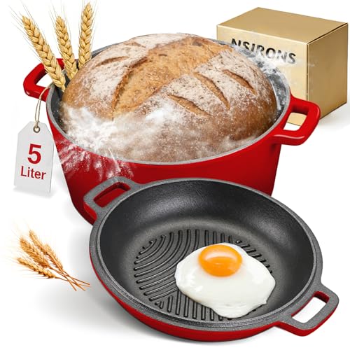 NSIRONS Cast Iron Pot Bread Baking, Roasting Dish with Lid, 2-in-1 Enamel Pot, Ideal 26 cm Bread Baking Pot, Dutch Pot, Bread Pot, Cast Iron Pot for All Types of Cookers, Dealer from Hamburg (Red)