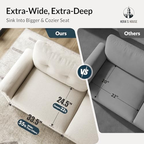 Image of HERA'S HOUSE 150 inch Oversized L Shaped Modular Sectional Couch Living Room | Mid-Century Modern 5-Seater Cloud Sofa, Beige, Rolled Arms & Nailhead Trim, Wider & Deeper Seats, Ottoman, Linen