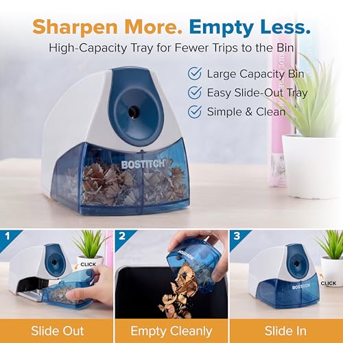 Image of Bostitch Office Electric Pencil Sharpener for Classroom & Desk Use, Heavy-Duty Stall-Free Motor, High-Capacity Shavings Tray, Blue