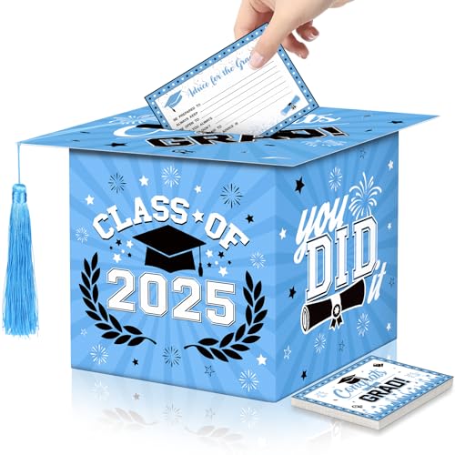 Image of Class of 2025 Graduation Card Box Light Blue Congrats Grad Cap Shaped Card Holder Boxes with Tassel and 48 PCS Advice Wishes Cards for 2025 High School College Centerpiece Ceremony Graduation Party