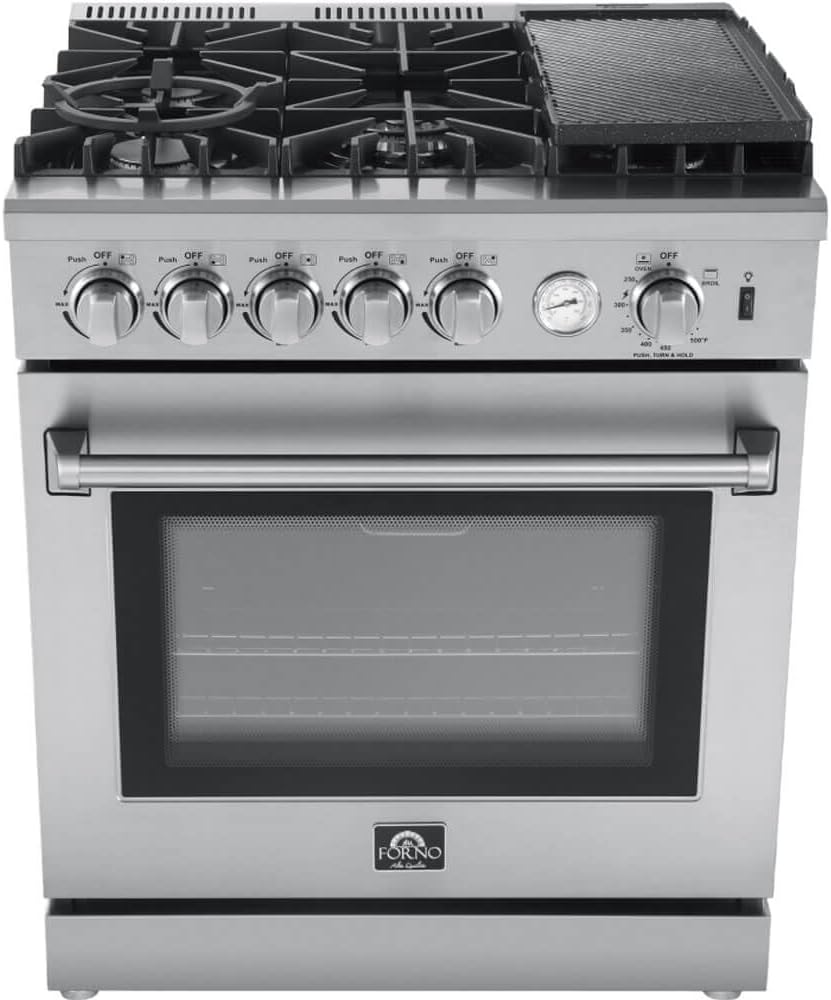 FORNO Lazio Full Gas 30" Inch. Freestanding Range with 5 Italian Sealed Burners Cooktop - 4.32 Cu.Ft. Stainless Steel Convection Oven Includes Cast Iron Accessories