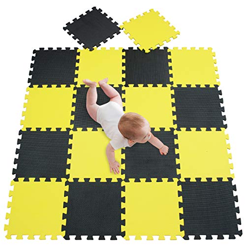 meiqicool Alfombra Puzzle para Niños Bebe Infantil, esteras de 30x30 cm, 18 Piezas en Espuma EVA años Alfombra puzle Goma Espuma Negro Amarillo 0405