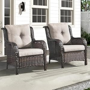 Patio Chairs Set of 2 Outdoor PE Wicker Rattan Chair Patio Club Chair High Back for Deck Porch Garden BrownBeige