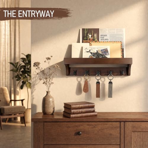 Image of Walnut Wood Key Holder Wall Mount for Room Decor and Organization, Brown | Key Holder for Wall with Shelf for Plants & Cute Things,5 Sturdy Key Hooks,Can Also Hang Dog Leashes,Ideal for Home Decor