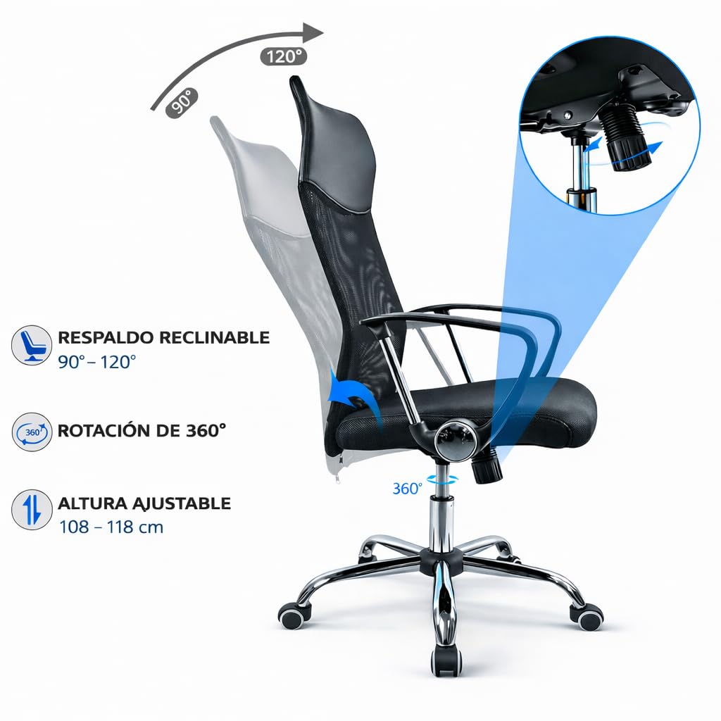 T-LOVENDO.ES Silla de Oficina ergonómica para Escritorio u Oficina. Respaldo Alto de Malla Transpirable y Piel sintética. Giratoria y con Ruedas. Diseño Bonito y Elegante. hasta 150kg.