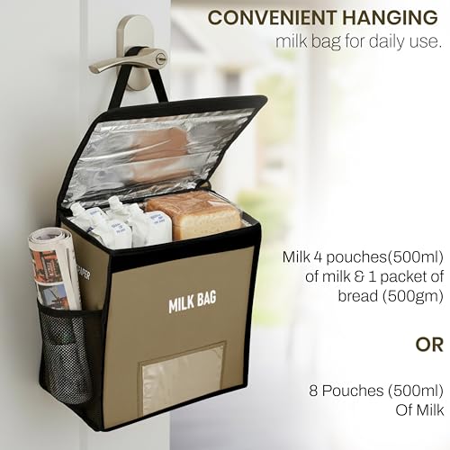 Image of Storite Milk Bag for Door Hanging - Insulated and Waterproof Storage for Milk Sachets, Bottles, Outdoor Gate Delivery Basket Box with Pocket for Notes and News Paper (Beige, Small (23x11x23cm)