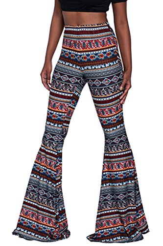 Womens Spring Stretchy Full Printing Retro Bell Bottom Trousers Pant L Navy Blue