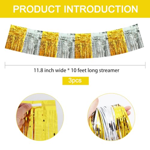 Image of BEISHIDA 3 Pack Gold Silver Foil Fringe Garland 30ft Wall Tinsel Banner