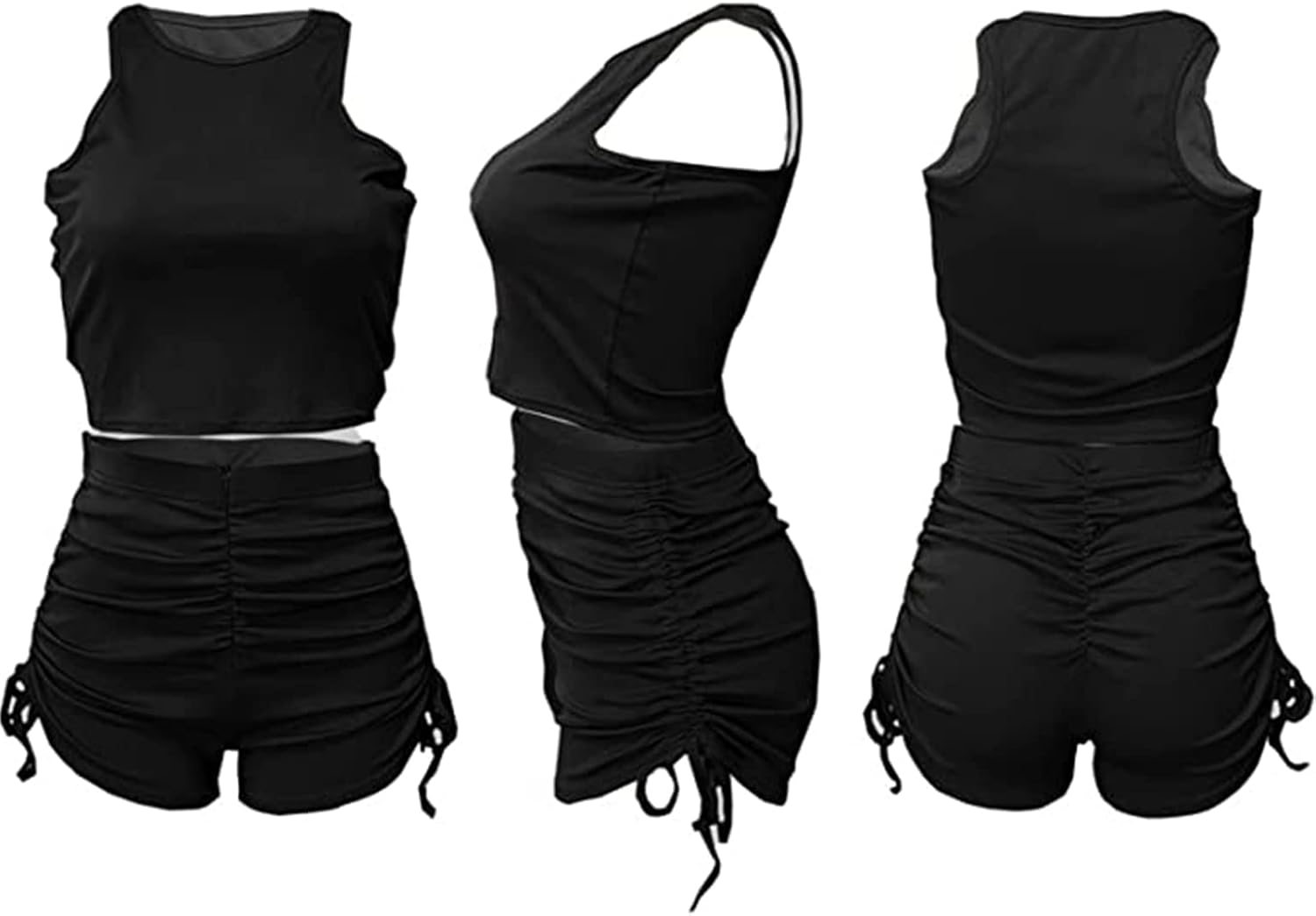 PYAEAS Summer Two Piece Outfits for Women, Casual Stretchy Ribbed Tank Crop Top Ruched Shorts Set Workout Tracksuits - Image 5