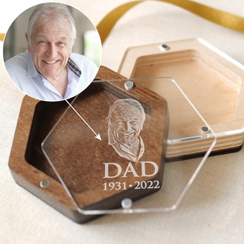 Image of Personalized Keepsake Box for Bereavement Gift, Lock of Hair Memorial, Sympathy Gift for Loss of Mother, Grandmother, Dad, Daughter, Son, Mom, Clear Lid, Engraving, Gift Box (Light Wood with Portrait)