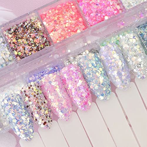 12 Colors Hexagon Nail Art Glitter 3D Holographic Crafts Stickers Sequins Nail Glitter Mermaid Powder Flakes Shiny Charms Hexagon Sequins Nail Art Supplies For Women Girls Acrylic Manicure Decoration #TOP5