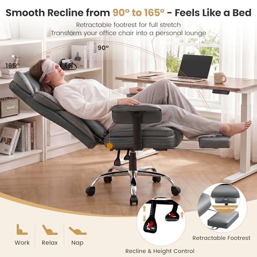 Image of Office Chair 400 LBS, Heavy Duty High Back Executive Desk Chair | 23.6 inch Extra-Wide Seat with Footrest for Big & Tall Users, Ergonomic Lumbar Support, 165 Recline, Padded Arms, Gray, 2 Pack