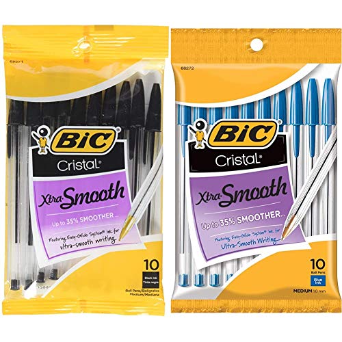 BIC Cristal Xtra Smooth Ballpoint Pen, Medium Point (1.0mm), Black, 10-Count, BICMSP101BK & Cristal Xtra Smooth Ballpoint Pen, Medium Point (1.0mm), Blue, 10-Count