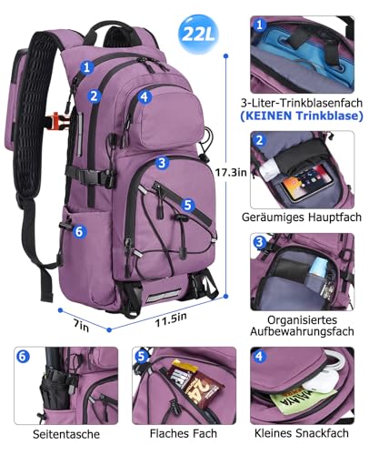 Wiserset 22L Wanderrucksack Herren Damen, Klein Rucksack Leicht Reiserucksack mit Telefonhalter, Trekkingrucksack mit Reflexstreifen Für Radfahren, Camping, Wandern (Lila, Kleine)