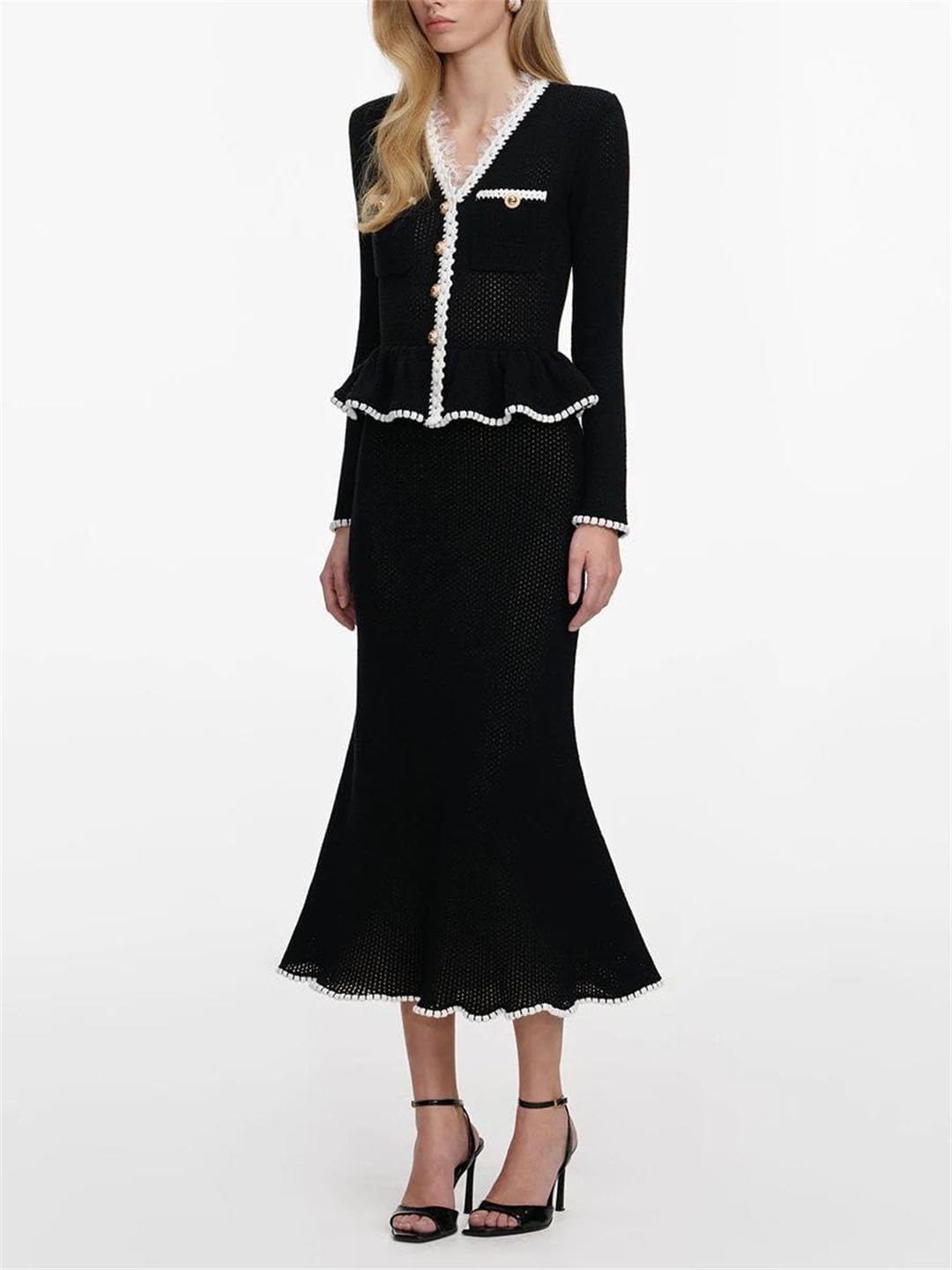 Women's V Neck Long Sleeve Single Breasted Patchwork Lace Top Ankle Length Skirt Two Piece Office Workwear Set
