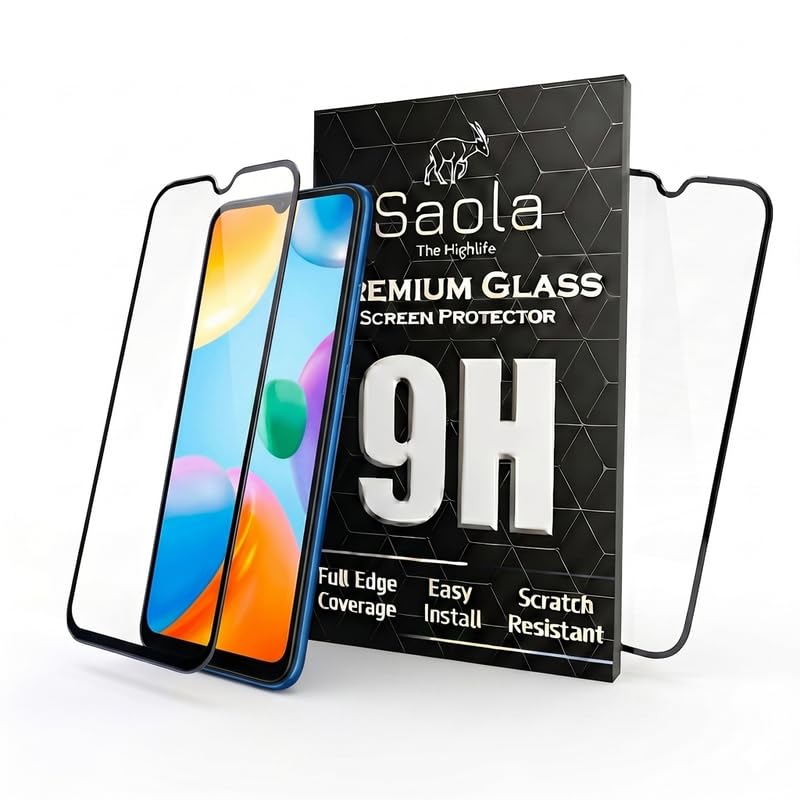 Image of Saola HD+ Oleophobic Tempered Glass Screen Protector For Redmi 10A (Pack Of 2) with Free Installation Kit. Full screen Coverage - 6.53 inch