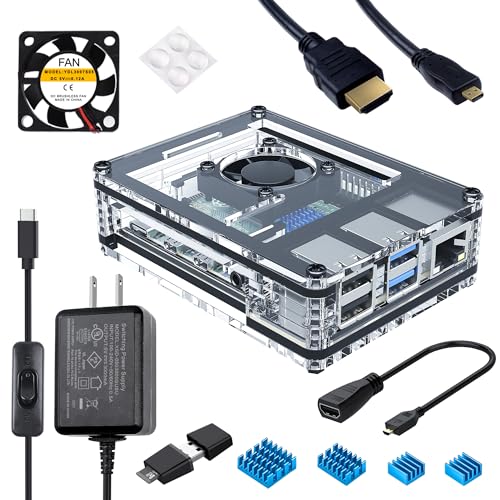 Miuzei Case for Raspberry Pi 4 with Fan, USB-C Power Supply, Micro HDMI Cable, HDMI Adapter, Aluminum Heat Sinks, USB Card Reader