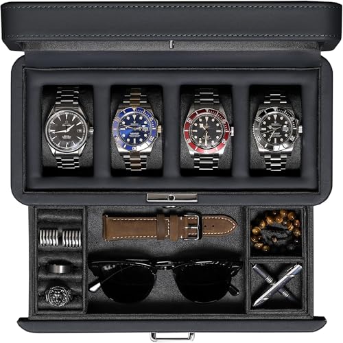 ROTHWELL 4 Slot Leather Watch Box with Valet Drawer - Luxury Watch Case Display Jewelry Organizer Locking Watch Display Case Holder with Real Glass Top - Watch Box Organizer for Men & Women (Carbon)