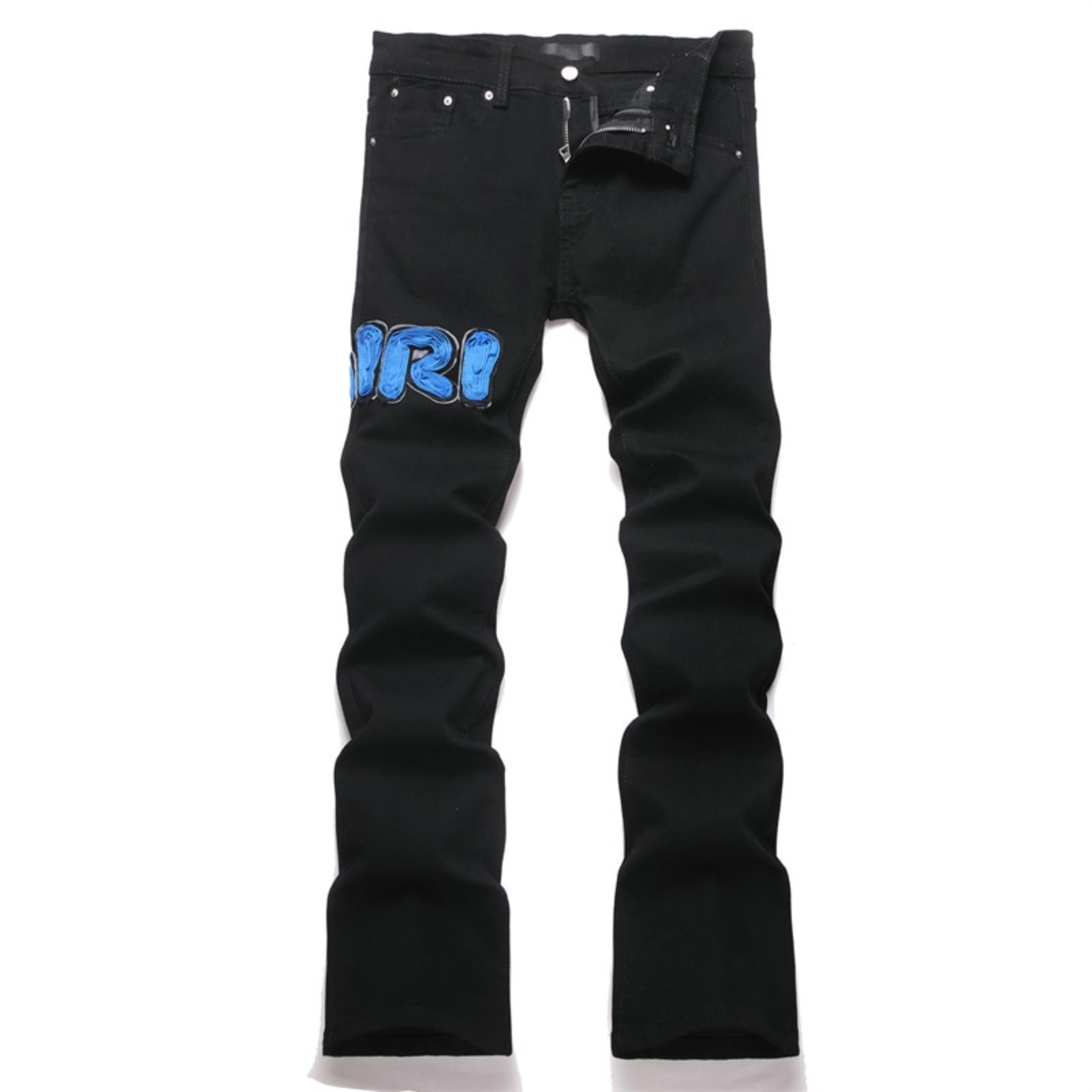 Générique Męskie wąskie czarne dżinsy z niebieskimi naszywkami, spodnie dżinsowe ze stretchem w nowoczesnym stylu streetwear, lekko sprane.