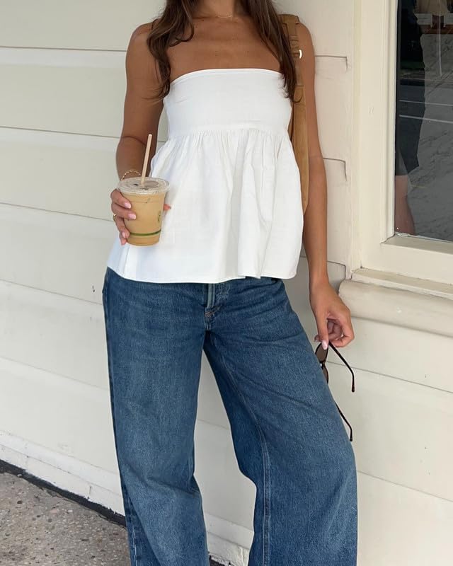 Aopwsrlyi Women's Strapless Peplum Top Summer Sleeveless Smocked Backless Ruffle Hem Bandeau Tube Top2