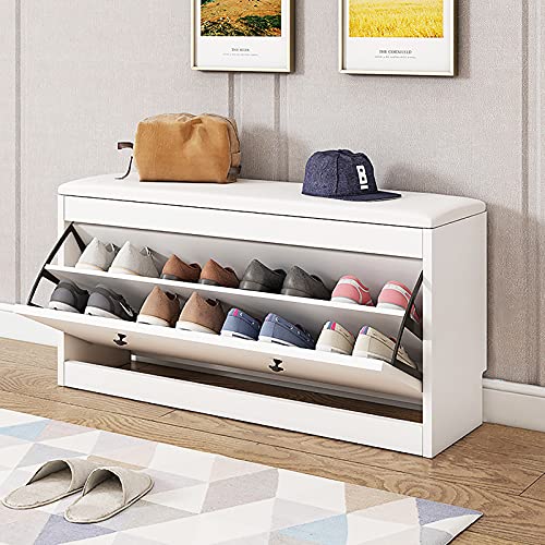 Banc d'entrée avec étagère à chaussures dissimulée moderne en similicuir chic 80x24cm