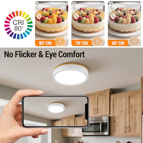 Image of 11 inch Minimalist Modern LED Ceiling Light, Painted Wood Grain Flush Mount with 5CCT 2700K-5000K, Dimmable LED Light Fixtures Ceiling Mount for Kitchen Bathroom Bedroom Hallway, 2 Packs