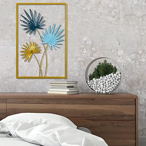 Rebala Gold Metal Wall Art Decor,Blue And Gold Wall Decor For Living Room,Metal Leaf Wall Art Decor,Decor Accent Wall Hanging Wall Sculptures For Bedroom,Bathroom,Office.(1pc) Cover