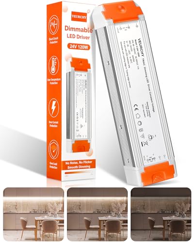 VEURCHY 120W 24V Dimmable LED Driver Triac Dimmable Transformer AC 120V to DC 24V 120 Watt Compatible with Lutron & Leviton Dimmer Switches Dimmer Led Power Supply 24 Volt for Strip Lights