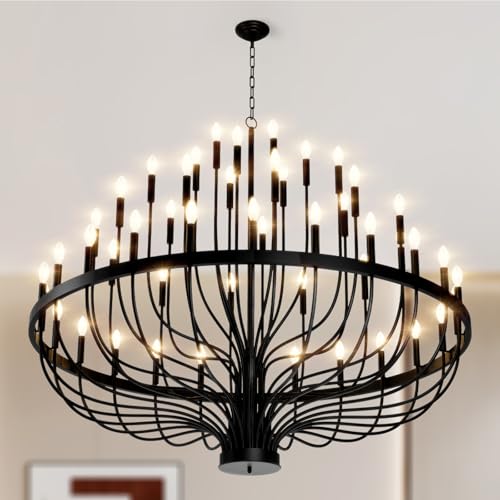 VBKK 60' 48-Light Extra Large Chandelier, Black Foyer Chandeliers for High Ceilings, Modern Farmhouse Light Fixtures for Dining Room Kitchen Island, E12 Vintage Rustic Industrial Candle Chandeliers