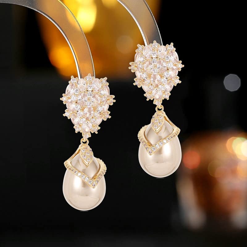 14K Gold Pearl Drop Earrings with Moissanite, Palace Style Freshwater Pearls, Fashion Gift for Her4