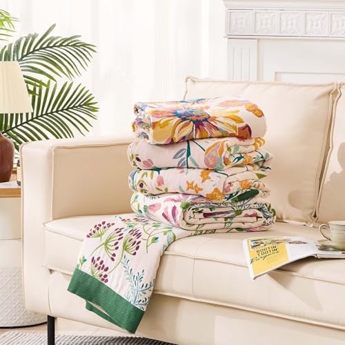 Image of XIBLC Boho Throw Blanket for Bed, 100% Cotton Soft Rustic Quilt Fall Blanket, 50 inchx60 inch Yellow Floral Printed Farmhouse Decor Bed Blankets, All Season Rustic Reversible Bohemian Throw Quilt