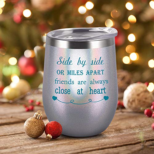 Side By Side or Miles Apart Friends Are Always Close at Heart Wine Tumbler with Lid and Straw, 12 Oz Stainless Steel Wine Tumbler Ideas for Friends Girlfriend Coworker, Glitter Pearl White