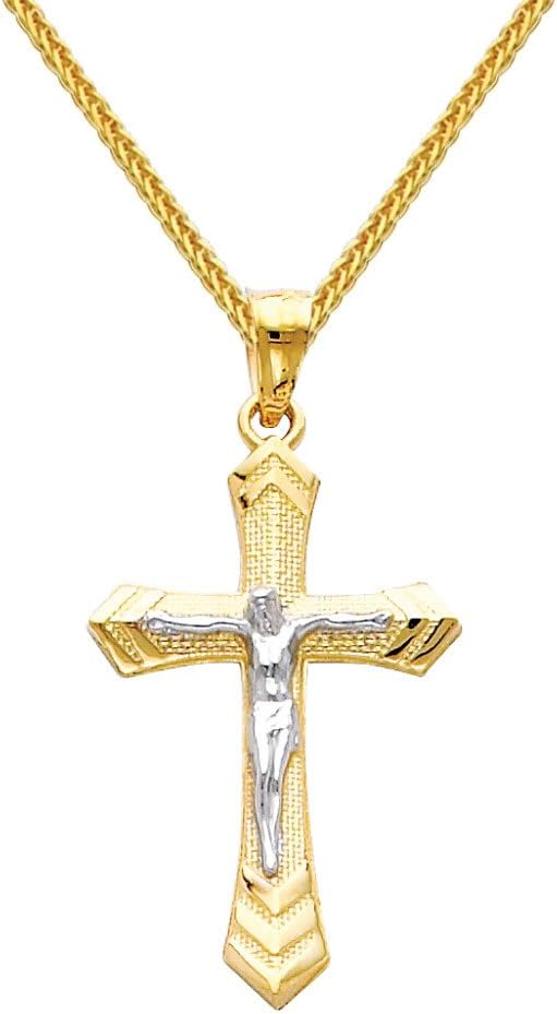 The World Jewelry Center 14k Two Tone Gold Jesus Cross Religious Pendant with 0.8mm Braided Square Wheat Chain Necklace