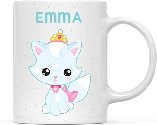 Andaz Press Personalized 11oz. Kids Milk Hot Chocolate Mug, Princess White Cat, 1-Pack, Custom Child’s Birthday Christmas Coffee Cup