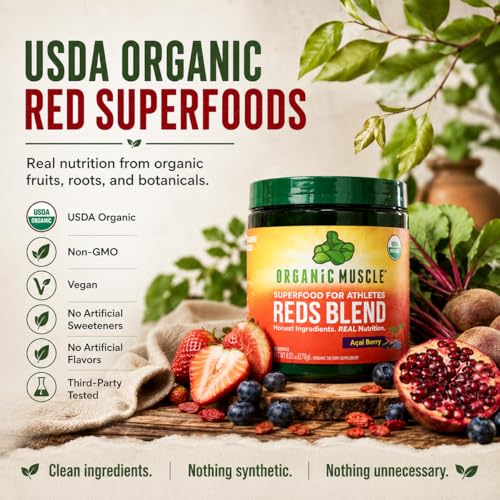 Image of Organic Muscle Superfood Reds Powder Supplement | USDA Certified Organic Beet Root, Acai, Pomegranate | Caffeine-Free Energy, Antioxidants, Vegan | Berry Flavor, Non-GMO, 30 Servings