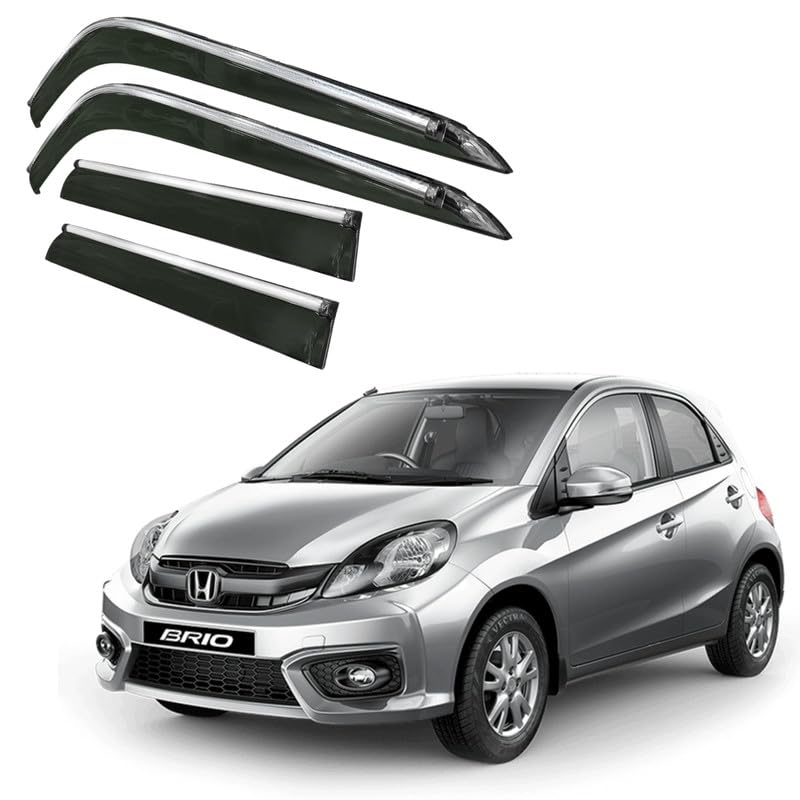 Image of CAR SAAZ Side Door Visors for Brio (2011-2019) (Set of 4Pcs) |Chrome Lined Rain Guards, Polycarbonate, Smoke Finish
