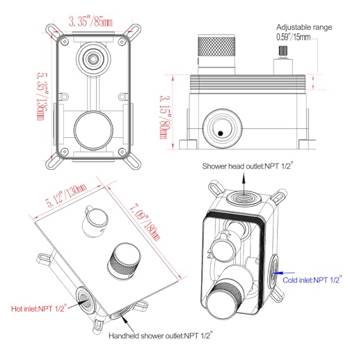 Válvula mezcladora de ducha con display digital, desviador 2 vías con kit de acabado | Mezcladora de latón con lector de temperatura para remodelación nueva, NPT1/2, negro mate miniatura 5