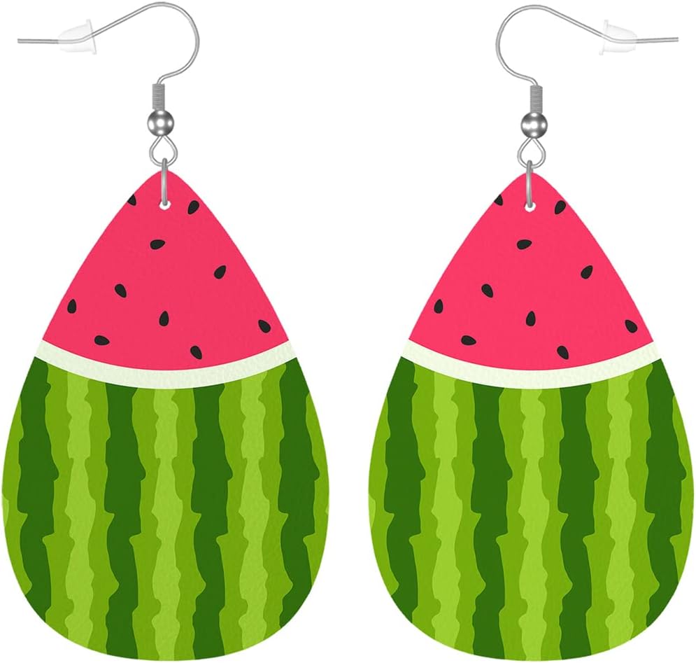 Zokola Watermelon Earrings For Women Friends Gift, Summer Fruit Watermelon Red Slice Green Striped Skin Drop Earrings Set, Lightweight Teardrop Faux Leather Earrings Jewelry