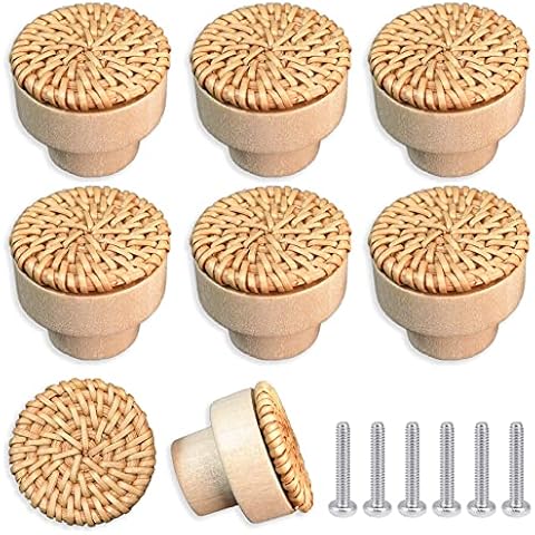 ETIUC 6 Pack Boho Rattan Dresser Knobs Wood Drawer Knobs Handmade Woven Boho Wicker Knobs for Cabinets Dresser Handles Hardware Pulls Kitchen Cabinet Knobs Boho Wood Furniture Knobs (Rattan) Cover