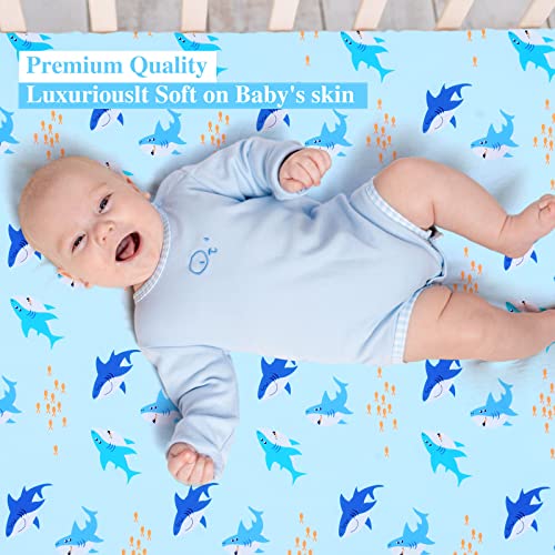 Image of UOMNY Crib Sheet for Baby Boys Shark Fitted Crib Sheets for Standard Crib and Toddler Mattresses Ocean Crib Mattress Sheets for Daycare 52 x 28 Blue