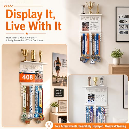 Image of Running Medal Hanger Display with Trophy Shelf, Never Give Up Race Medal Display with Photo or Race Bib Holder, Writable Goal Area, Wall Mounted, White