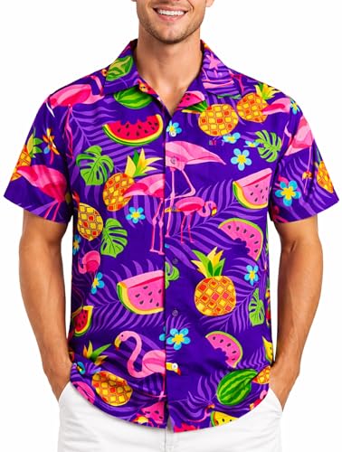 King Kameha Camisa Hawaiana Hombre de Manga Corta, Flamingo Melon, Violeta, XS