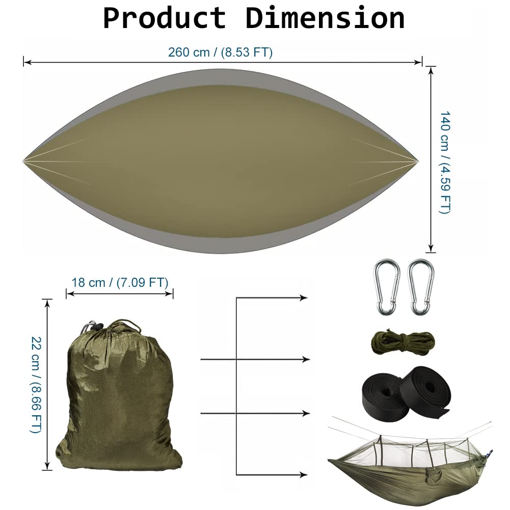 AuMoHall Camping Hammock with Mosquito Net Portable Lightweight Hanging Hammocks with 2 Tree Straps 210T Parachute Nylon Hammock for Outdoor Hiking Survival Travel, Green